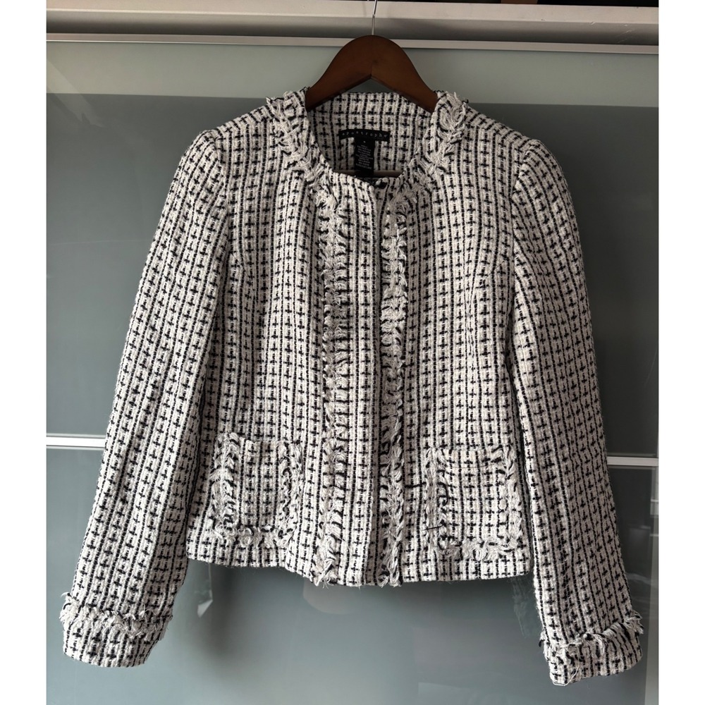 Apostrophe Women Black White Tweed Fray Trim Zip Front Jacket 6 Blazer Old Money